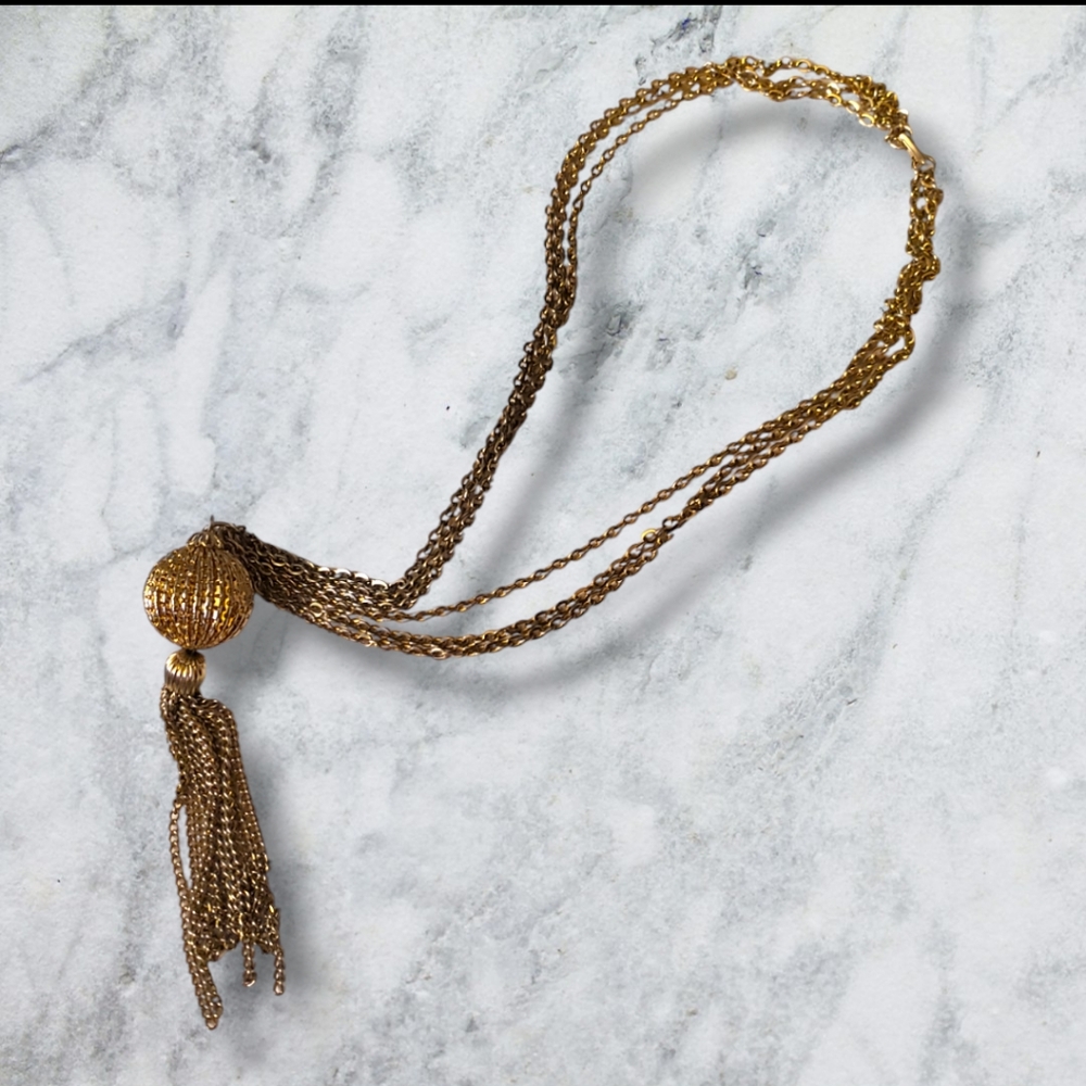 Gold Tone Vintage Tassles Ball Multi Chain Necklace with Clasp Costume Jewelry
